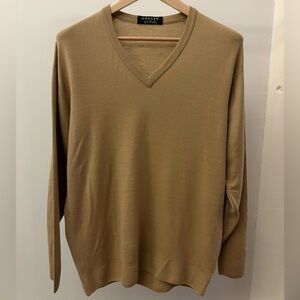 Jaeger V-Neck Pullover Fine Knit Sweater 100% Wool Camel Beige Large Made In UK